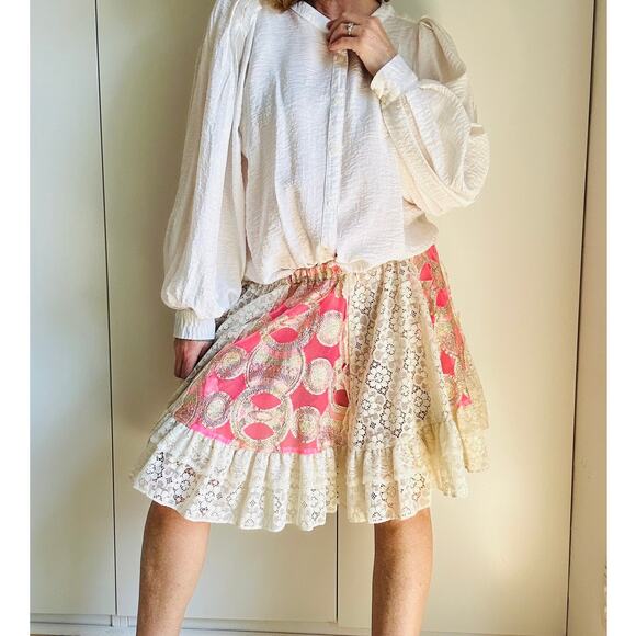 Vintage 60s Square Dancing Circle Skirt Size S/M Lace Cream Pink Statement - Picture 5 of 8